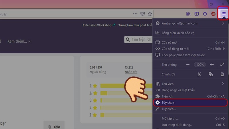 alt text: Mở menu tùy chọn trên Firefox