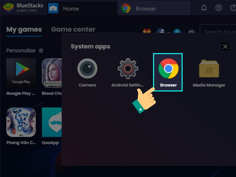 alt text: Mở trình duyệt trong BlueStacks