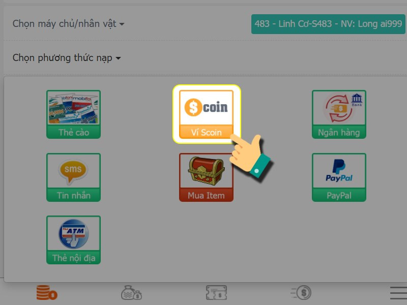 alt text: Nạp thẻ Nghịch Thiên Kiếm Thế bằng ví Scoin