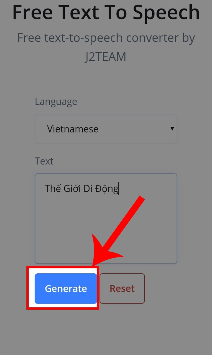 alt text: Nhấn Generate để chuyển đổi văn bản thành giọng nói