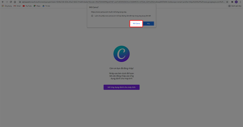 alt text: Nhấn Mở Canva để bắt đầu sử dụng