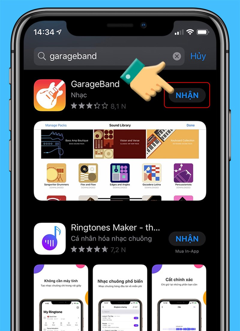 alt text: Nhấn "Nhận" để tải GarageBand