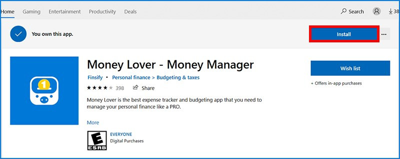 alt text: Nhấn nút Install để cài đặt Money Lover