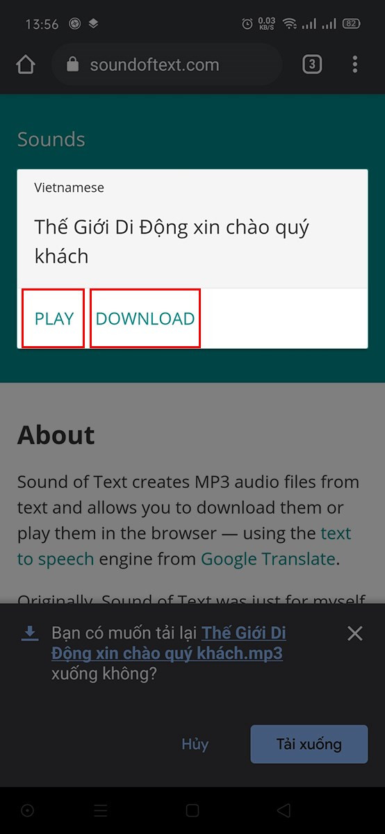 alt text: Nhấn Play để nghe thử và Download để tải file âm thanh