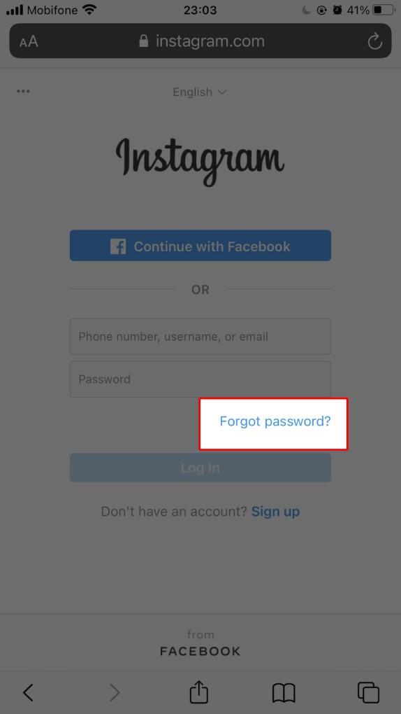 Alt text: Nhấn vào "Forgot Password?" trên trang đăng nhập Instagram