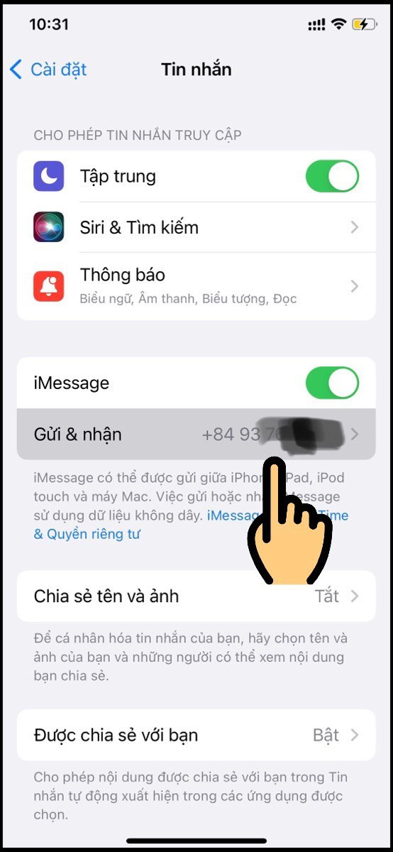 alt text: Nhấn vào Gửi & nhận trong cài đặt Tin nhắn