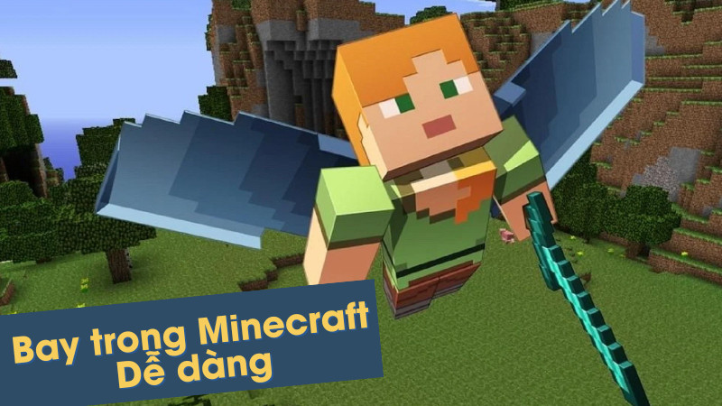 Alt text: Nhân vật Minecraft đang bay lượn bằng Elytra trên nền trời hoàng hôn