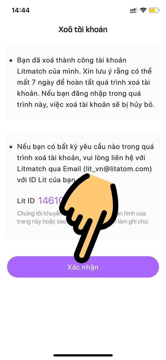 alt text: Nhấn "Xác nhận" để hoàn tất xóa tài khoản