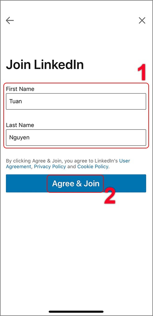 alt text: Nhập Họ và Tên để đăng ký LinkedIn