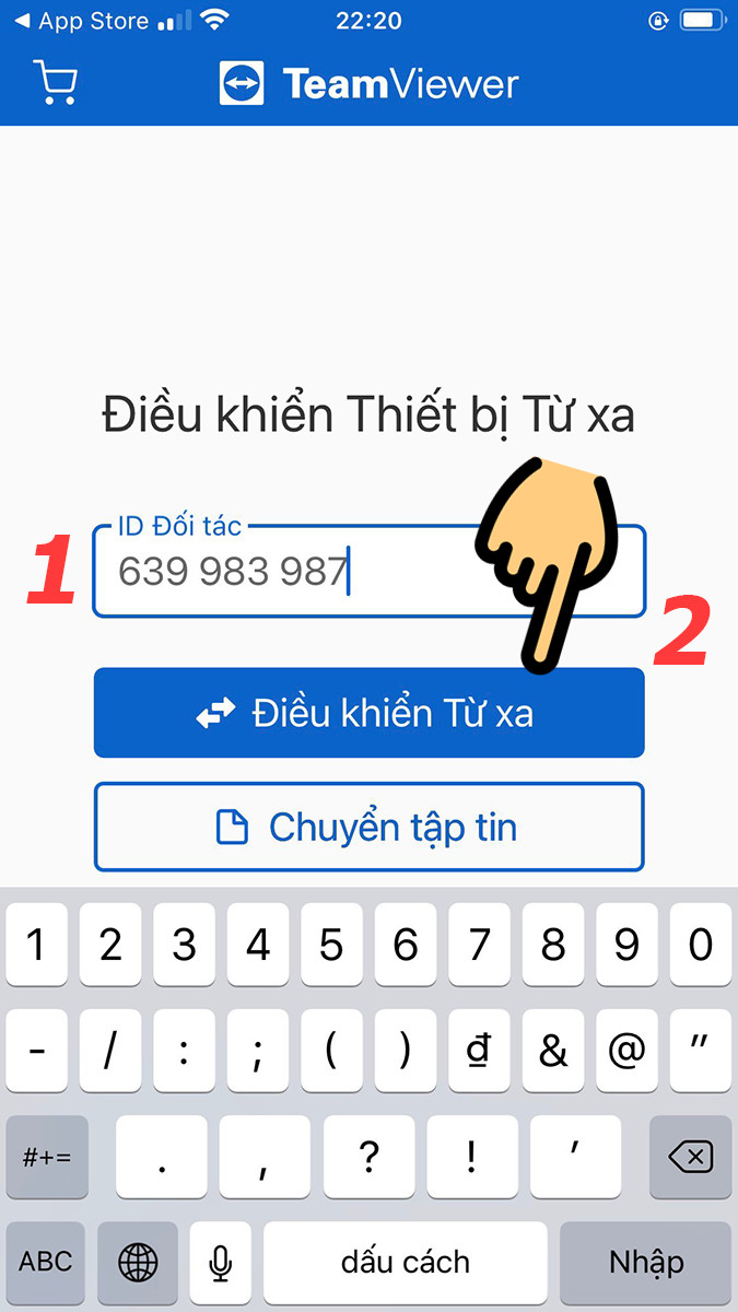 alt text: Nhập ID TeamViewer trên ứng dụng TeamViewer