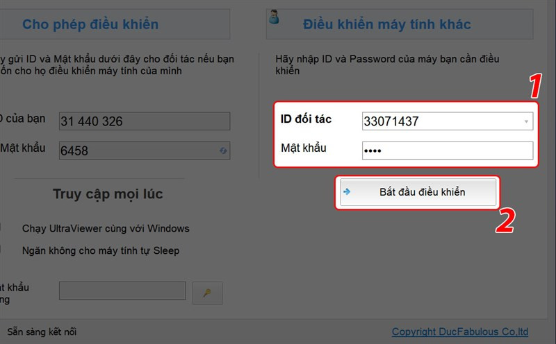 alt text: Nhập ID và mật khẩu của đối tác vào mục Điều khiển máy tính khác