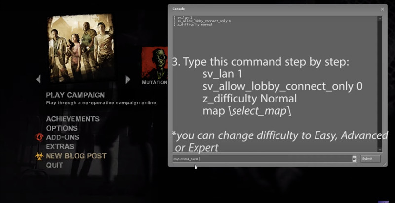 alt text: Nhập lệnh trong console Left 4 Dead 2