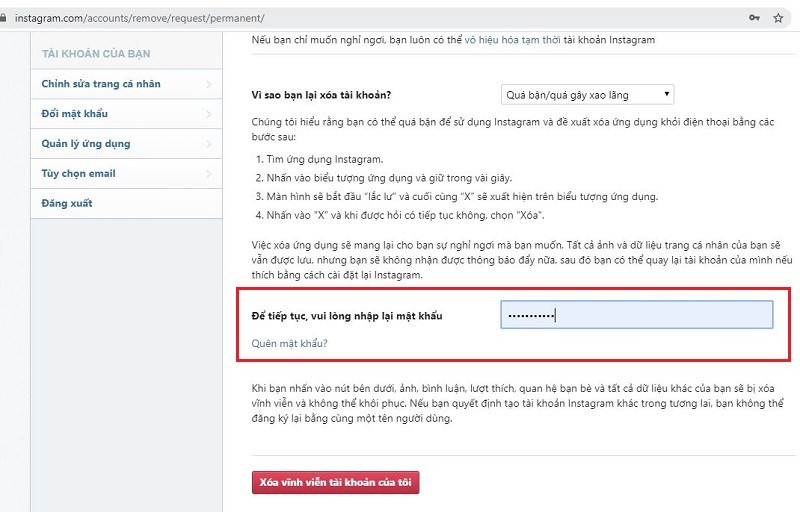 alt text: Nhập mật khẩu để xác nhận xóa tài khoản Instagram