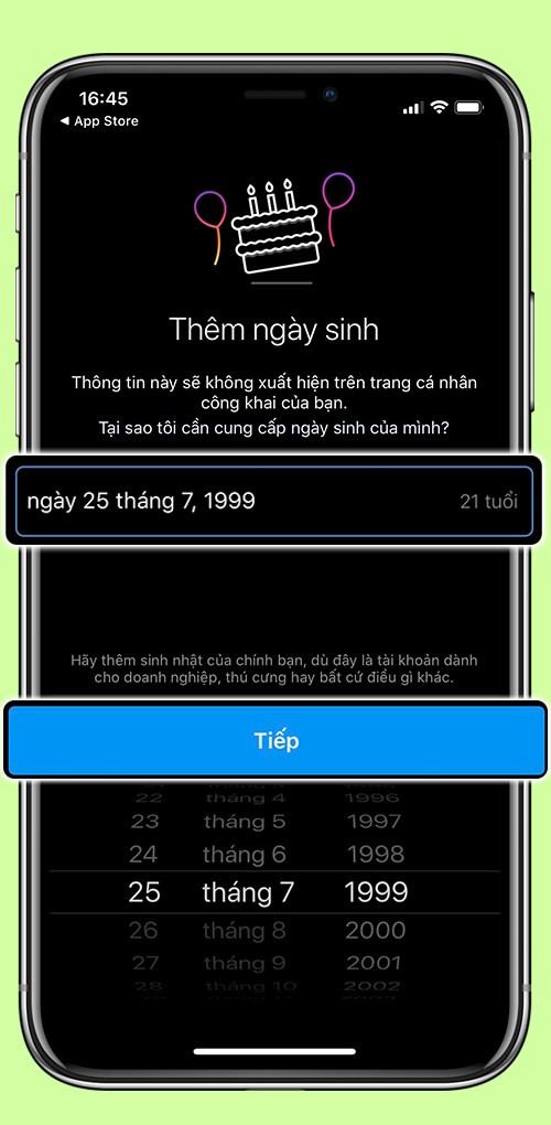 alt text: Nhập ngày tháng năm sinh trên Instagram