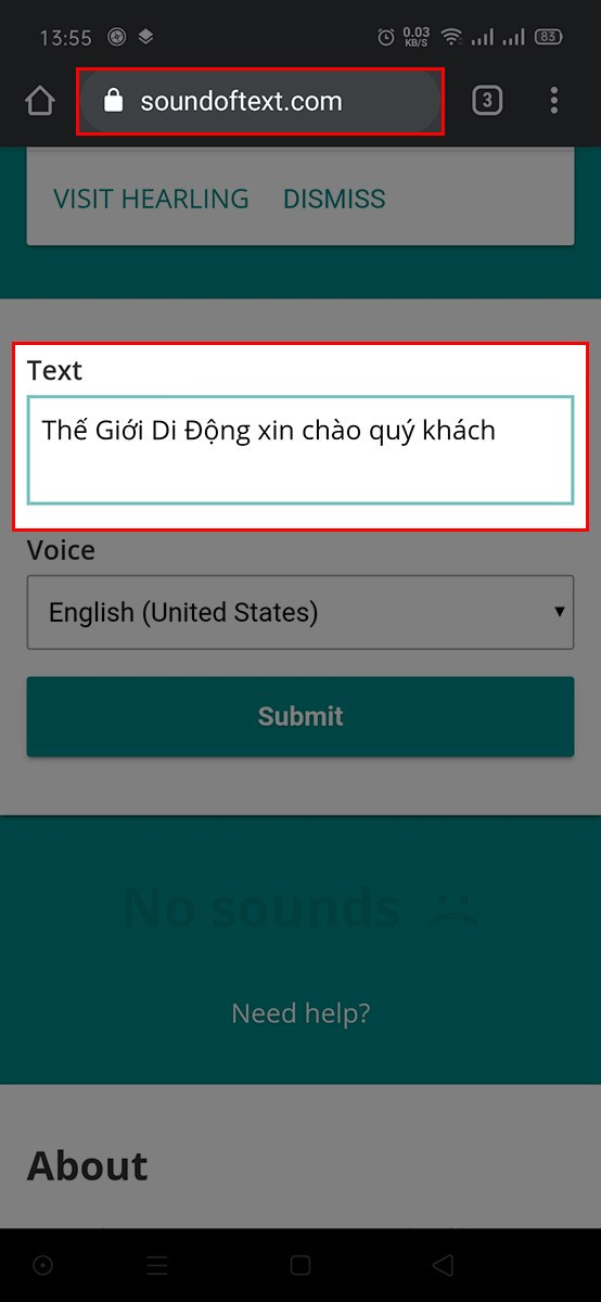 alt text: Nhập nội dung văn bản vào ô Text trên soundoftext.com