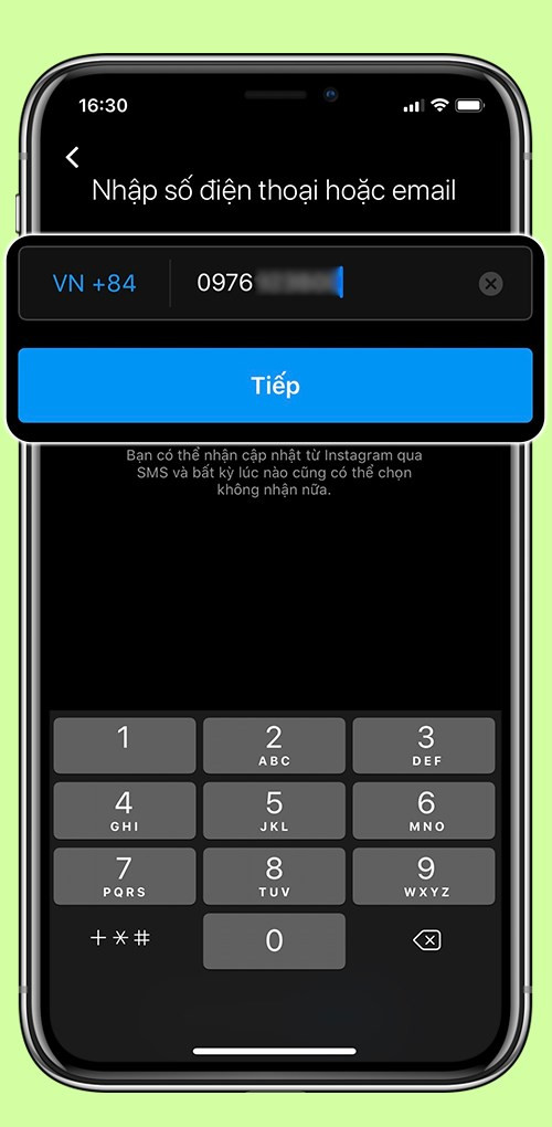 alt text: Nhập số điện thoại để đăng ký Instagram