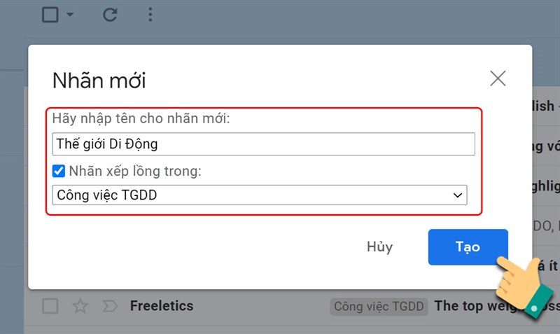 alt text: Nhập tên nhãn mới trong Gmail