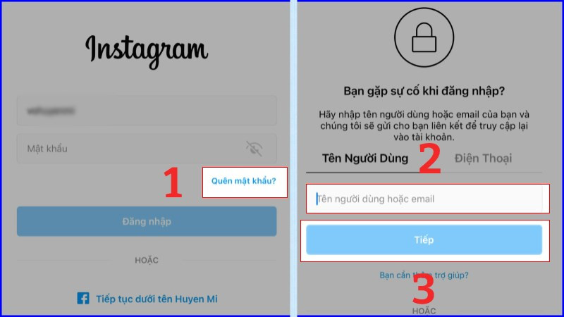 Alt text: Nhập thông tin tài khoản để lấy lại mật khẩu Instagram trên iPhone