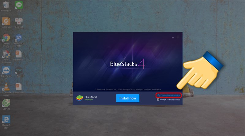 alt text: Nút Install Now trên giao diện cài đặt Bluestacks