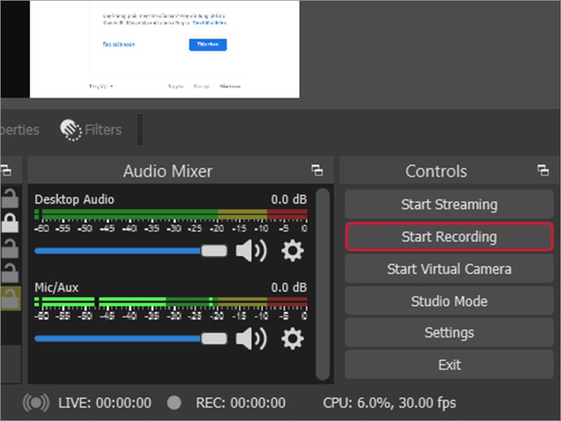 alt text: Nút Start Recording và Stop Recording trong OBS Studio