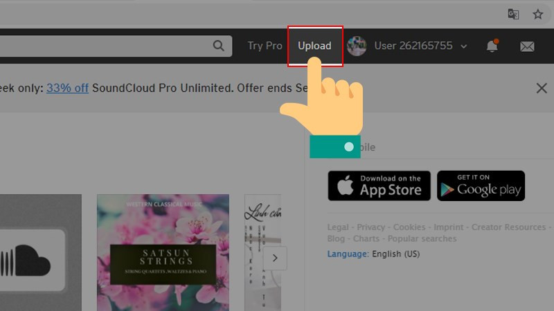 alt text: Nút Upload trên giao diện SoundCloud