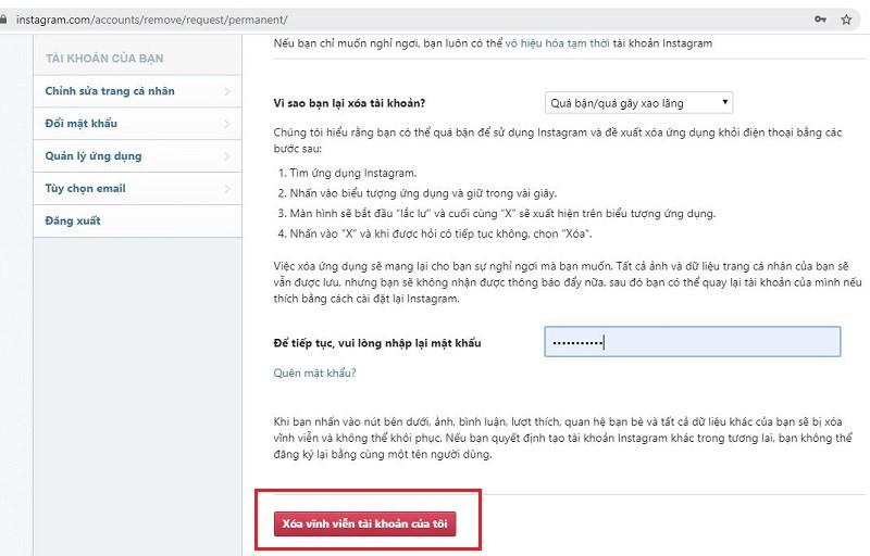 alt text: Nút xác nhận xóa tài khoản Instagram vĩnh viễn