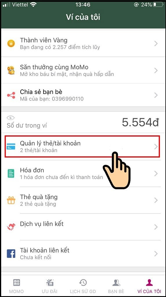 alt text: Quản lý thẻ/tài khoản