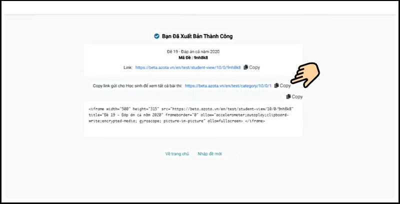 alt text: Sao chép link bài kiểm tra để chia sẻ