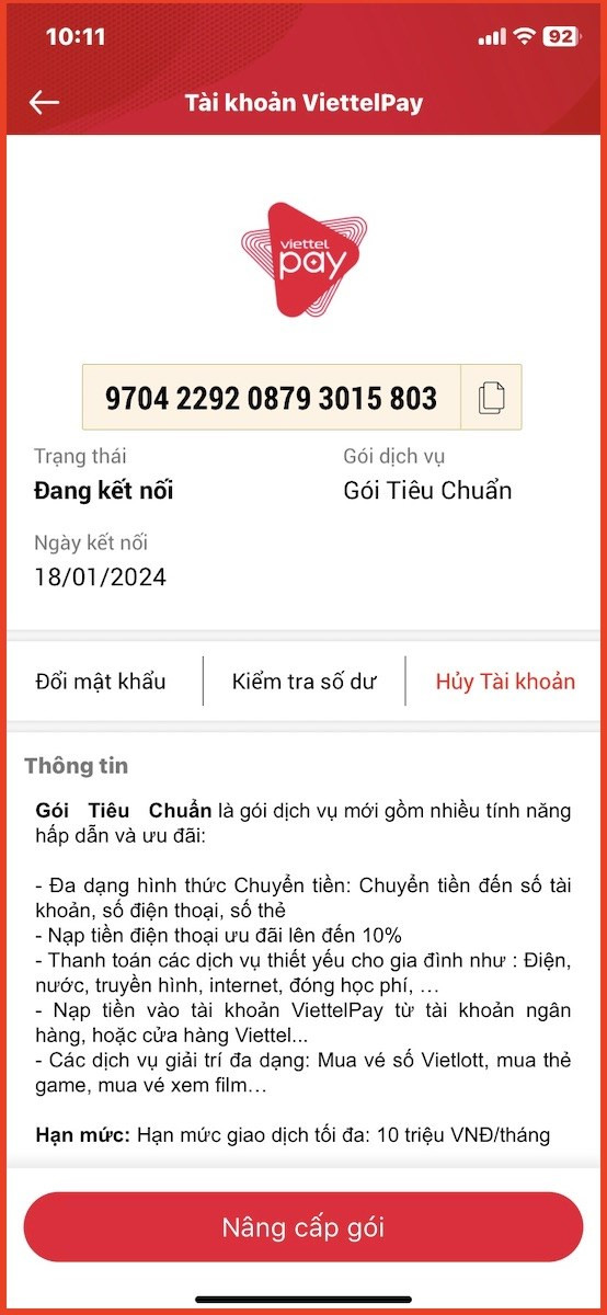 alt text: Sao chép số tài khoản Viettel Money