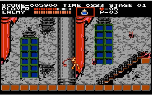 alt text: Simon Belmont sử dụng roi Vampire Killer để chiến đấu