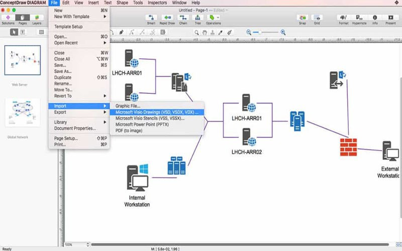 alt text: Sơ đồ mạng phức tạp được tạo bằng ConceptDraw