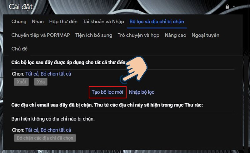 alt text: Tạo bộ lọc mới trong Gmail