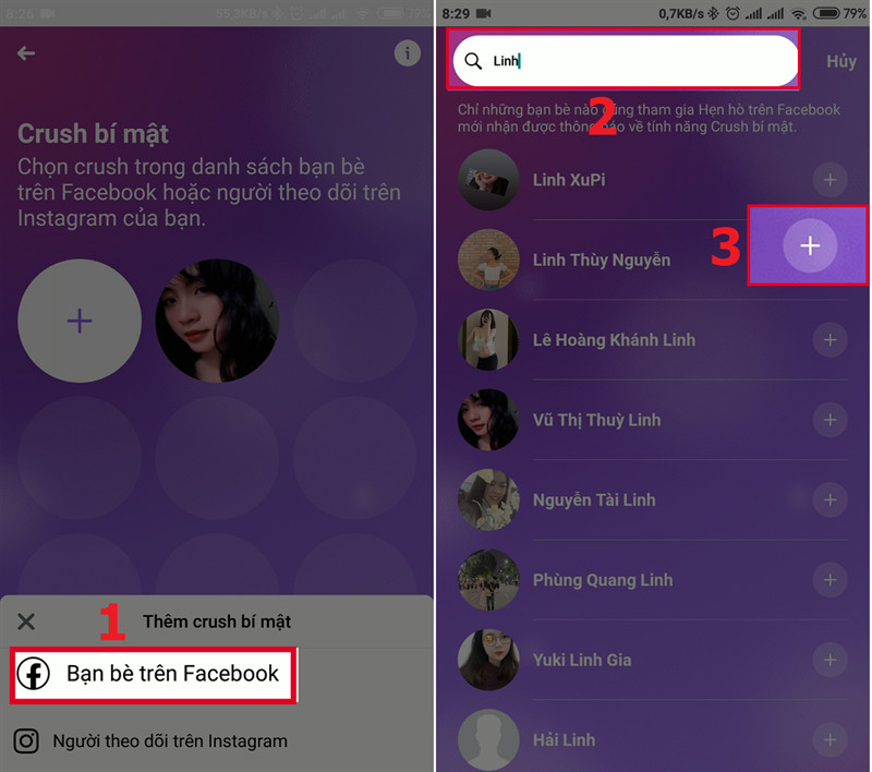 alt text: Thêm crush từ danh sách bạn bè trên Facebook
