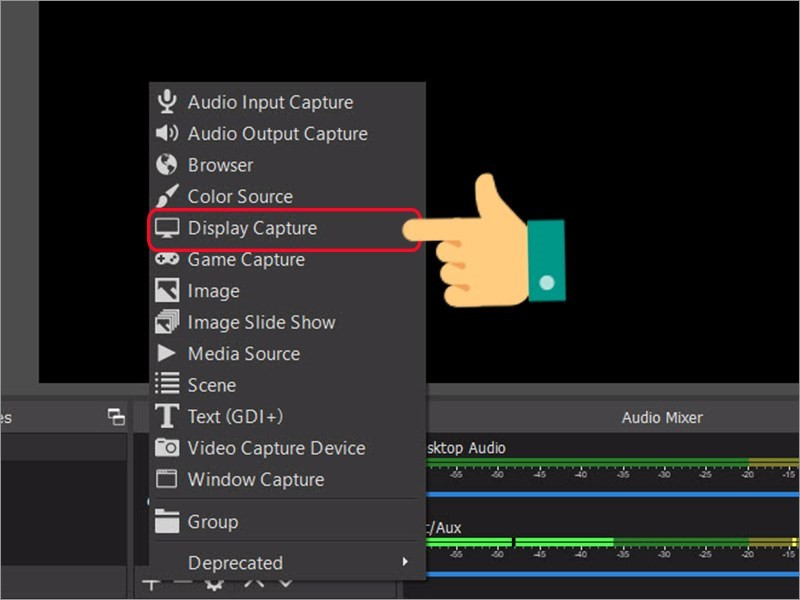 alt text: Thêm nguồn ghi hình Display Capture trong OBS Studio