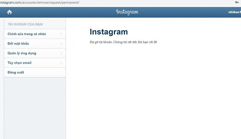 alt text: Thông báo hoàn tất xóa tài khoản Instagram