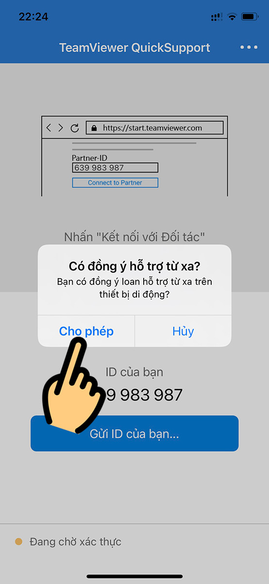 alt text: Thông báo xác nhận kết nối TeamViewer trên iPhone