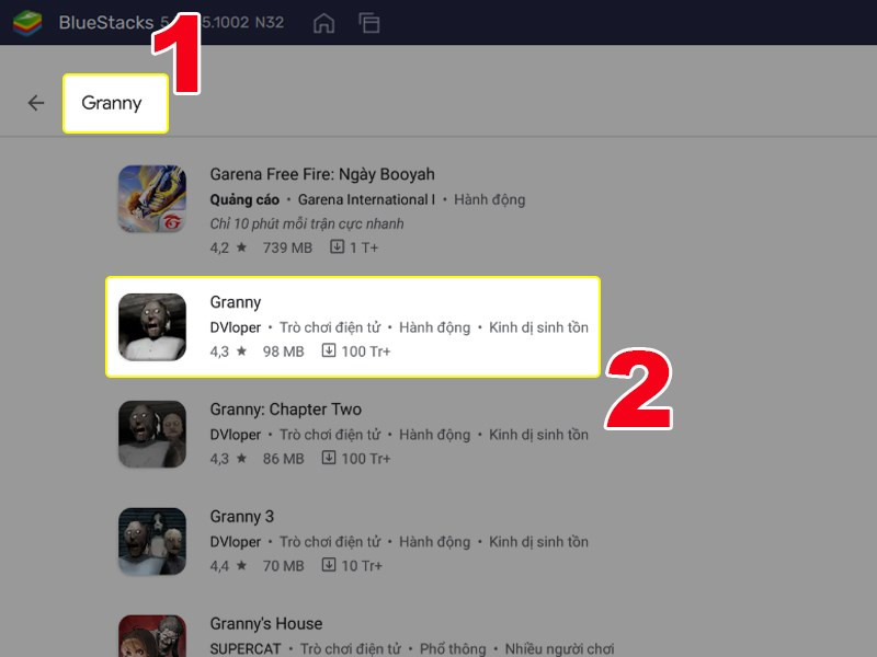 alt text: Tìm kiếm Granny trên Google Play trong BlueStacks