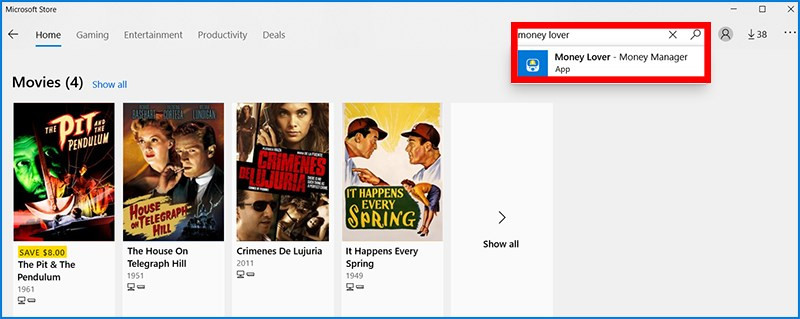 alt text: Tìm kiếm Money Lover trên Microsoft Store