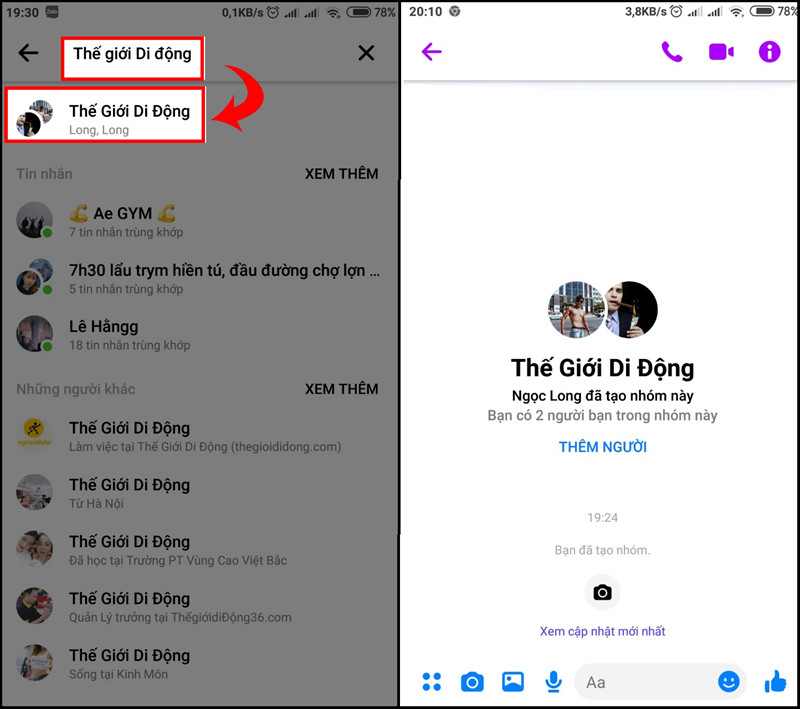 alt text: Tìm kiếm nhóm chat bằng tên nhóm trên Messenger