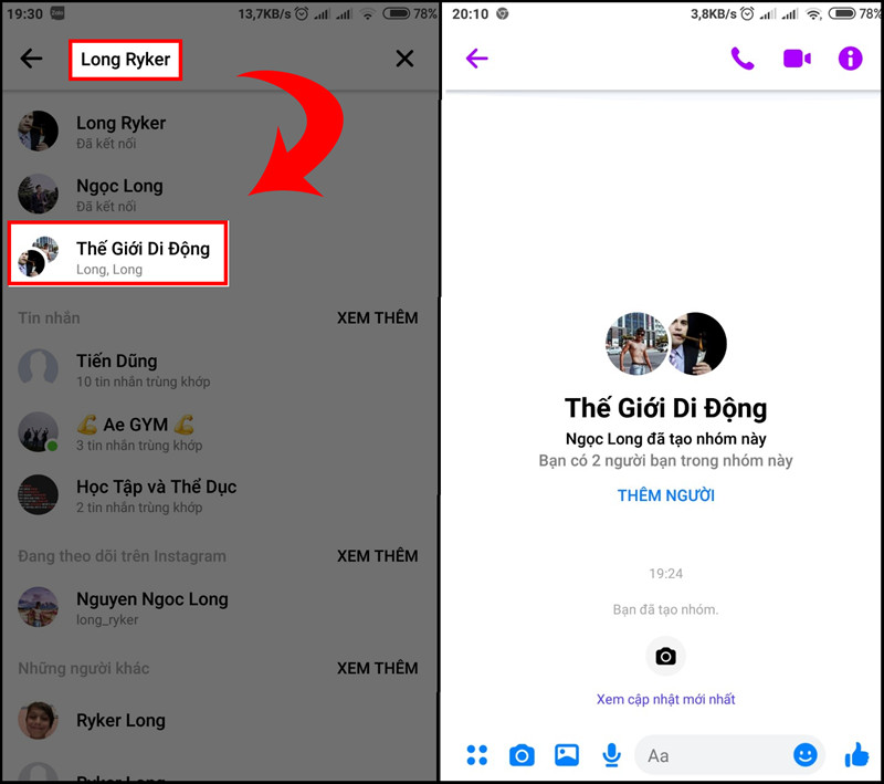 alt text: Tìm kiếm nhóm chat bằng tên thành viên trên Messenger