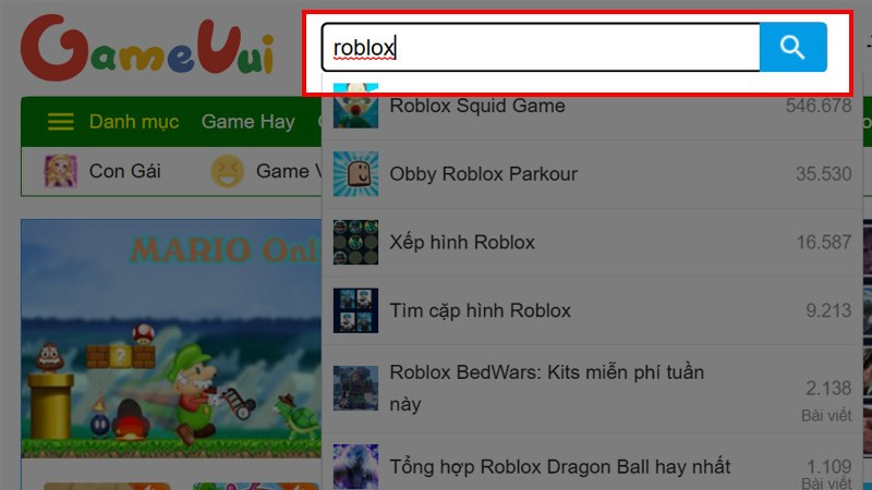 alt text: Tìm kiếm Roblox trên Gamevui