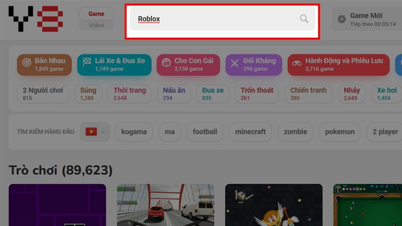 alt text: Tìm kiếm Roblox trên Y8