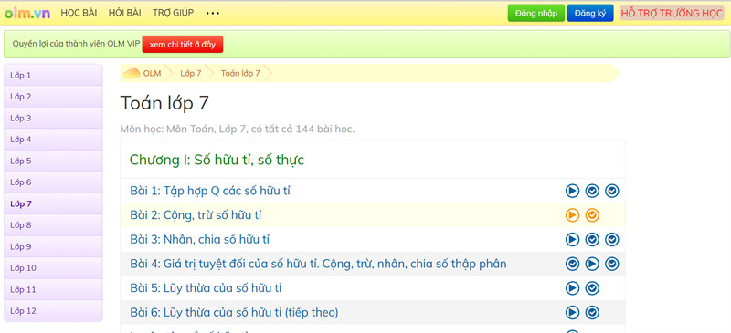 alt text: Trang web olm.vn với nhiều bài học Toán lớp 7