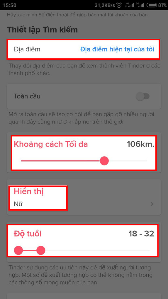 alt text: Tùy chỉnh thông tin tìm kiếm trên Tinder