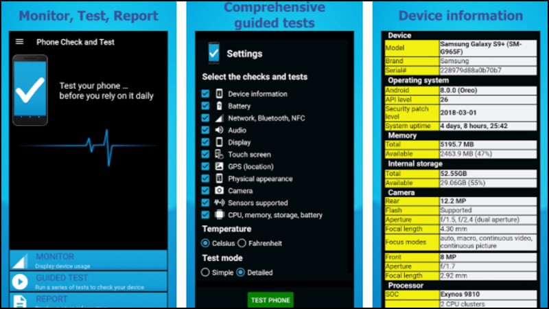 Alt text: Ứng dụng Phone Check and Test kiểm tra pin và phần cứng điện thoại