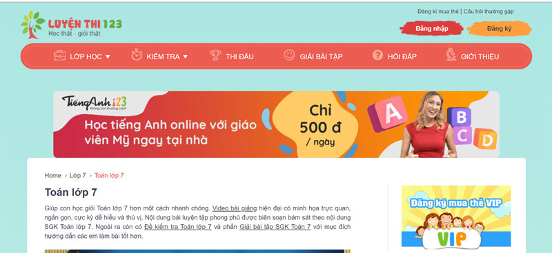 alt text: Website Luyện thi 123 với giao diện thân thiện, dễ sử dụng