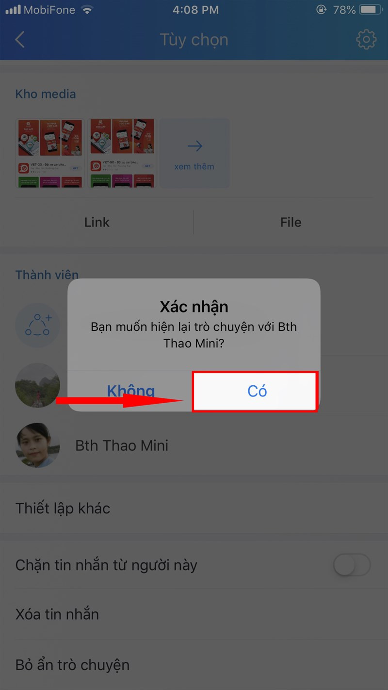 alt text: Xác nhận bỏ ẩn