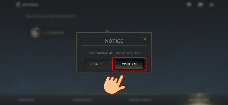 alt text: Xác nhận bỏ chặn người chơi trong Liên Minh Tốc Chiến