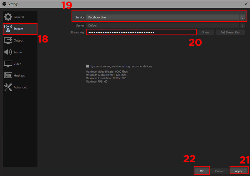 alt: Thiết lập stream key trong OBS