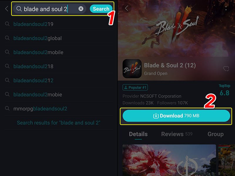 alt: Tìm kiếm Blade & Soul 2 trên TapTap